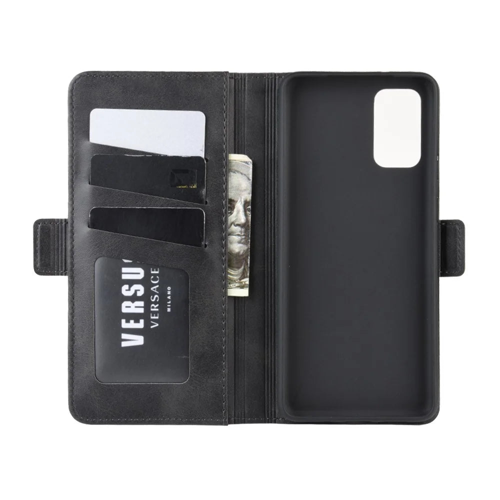 Double Clasp Flip Leather Shell for Samsung Galaxy S20 FE 4G / FE 5G / S20 Lite / S20 FE 2022 with Wallet Stand Design - Black - 4