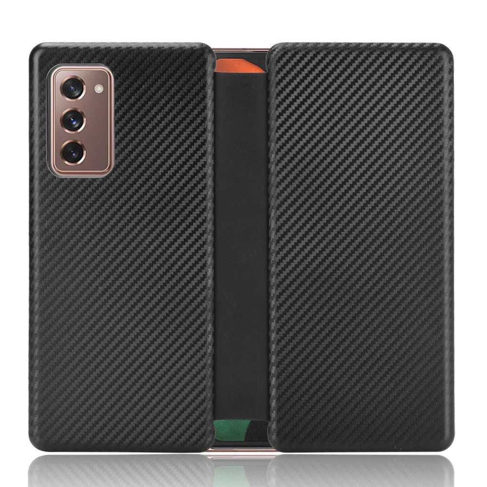 For Samsung Galaxy Z Fold2 5G Shockproof Phone Case Leather Carbon Fiber Flip Cover with Card Slot - Black - 1