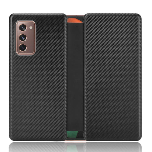 For Samsung Galaxy Z Fold2 5G Shockproof Phone Case Leather Carbon Fiber Flip Cover with Card Slot - Black - 1