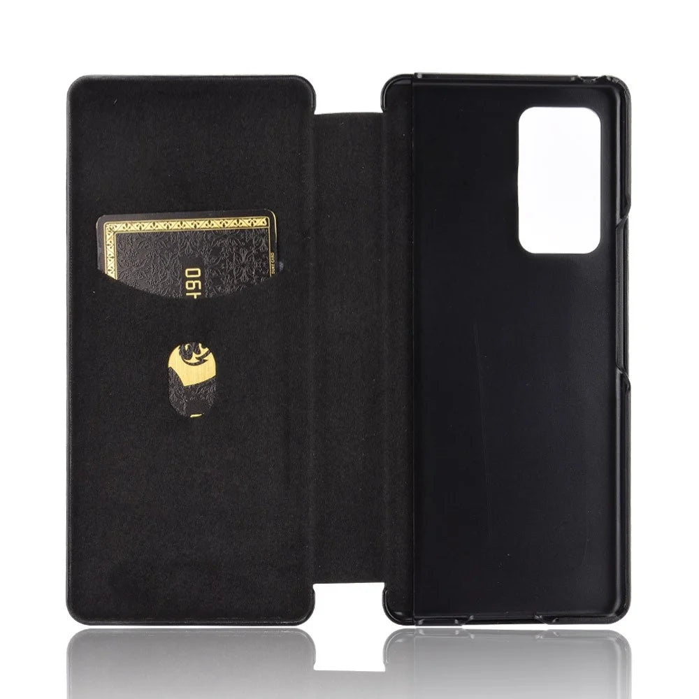 For Samsung Galaxy Z Fold2 5G Shockproof Phone Case Leather Carbon Fiber Flip Cover with Card Slot - Black - 2
