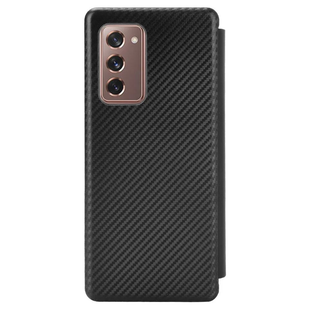 For Samsung Galaxy Z Fold2 5G Shockproof Phone Case Leather Carbon Fiber Flip Cover with Card Slot - Black - 4