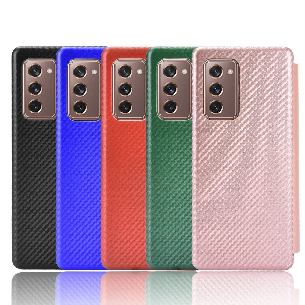 For Samsung Galaxy Z Fold2 5G Shockproof Phone Case Leather Carbon Fiber Flip Cover with Card Slot - Black - 5