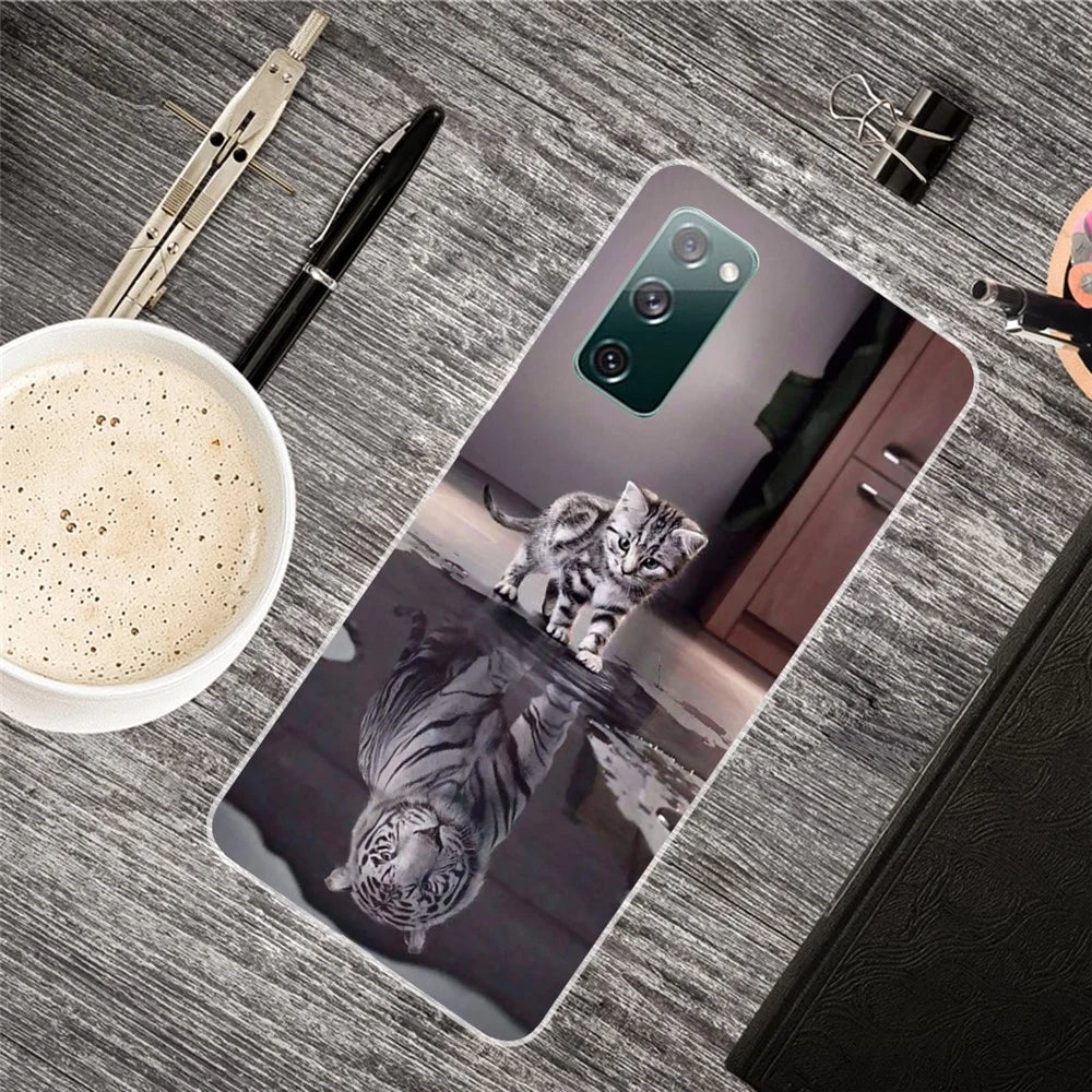 Pattern Printing Soft TPU Cell Phone Cover for Samsung Galaxy S20 FE 4G/FE 5G/S20 Lite/S20 FE 2022 - Cat and Tiger Reflection - 2