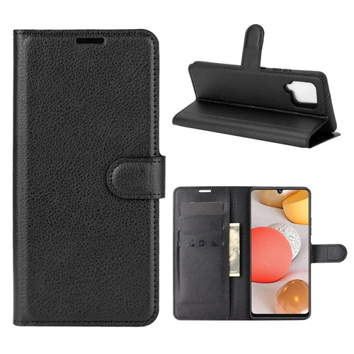 Litchi Texture Wallet Stand Leather Shell Protective Cover for Samsung Galaxy A42 5G - Black - 1