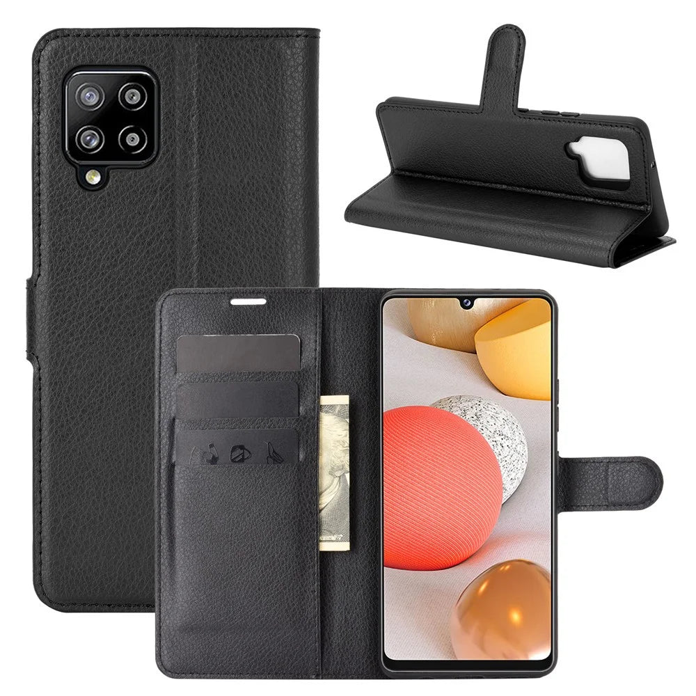 Litchi Texture Wallet Stand Leather Shell Protective Cover for Samsung Galaxy A42 5G - Black - 5