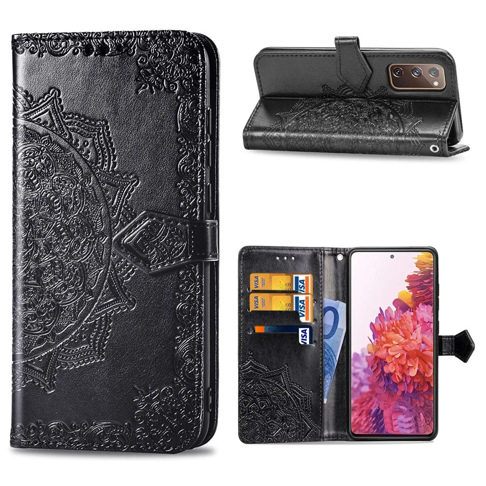 Embossed Mandala Flower Wallet Leather Shell for Samsung Galaxy S20 FE 4G/FE 5G/S20 Lite/S20 FE 2022 - Black - 1