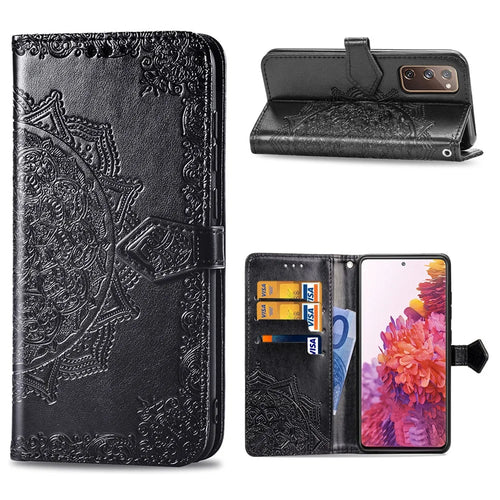 Embossed Mandala Flower Wallet Leather Shell for Samsung Galaxy S20 FE 4G/FE 5G/S20 Lite/S20 FE 2022 - Black - 1