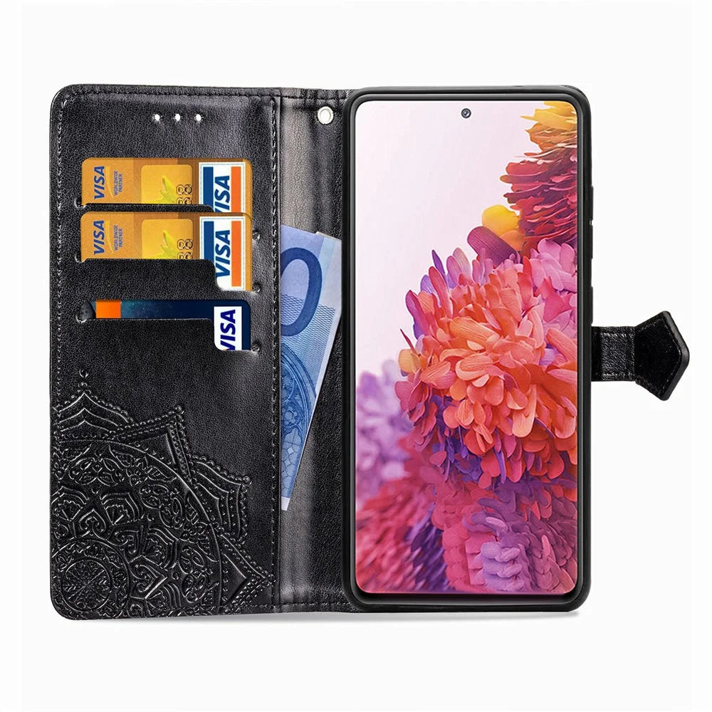 Embossed Mandala Flower Wallet Leather Shell for Samsung Galaxy S20 FE 4G/FE 5G/S20 Lite/S20 FE 2022 - Black - 3