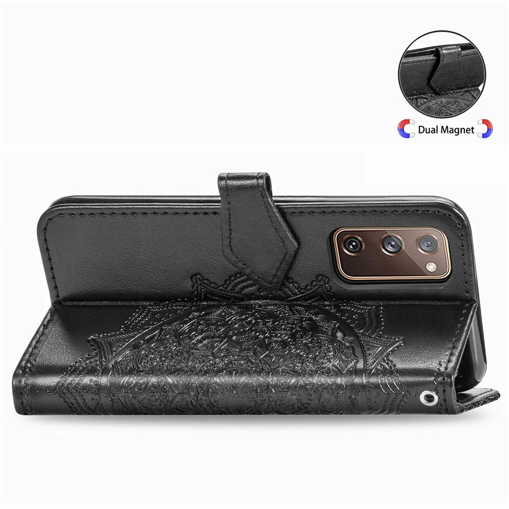 Embossed Mandala Flower Wallet Leather Shell for Samsung Galaxy S20 FE 4G/FE 5G/S20 Lite/S20 FE 2022 - Black - 5