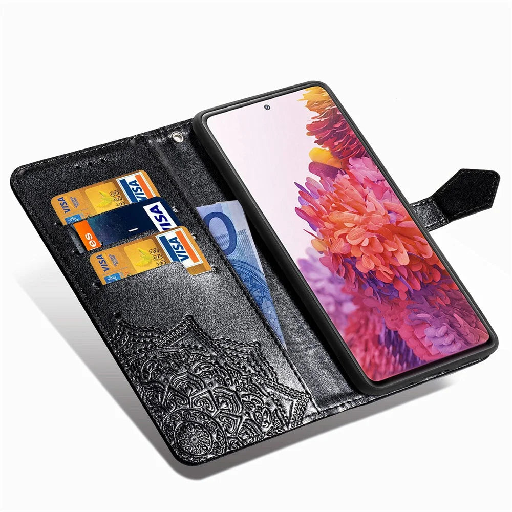 Embossed Mandala Flower Wallet Leather Shell for Samsung Galaxy S20 FE 4G/FE 5G/S20 Lite/S20 FE 2022 - Black - 6