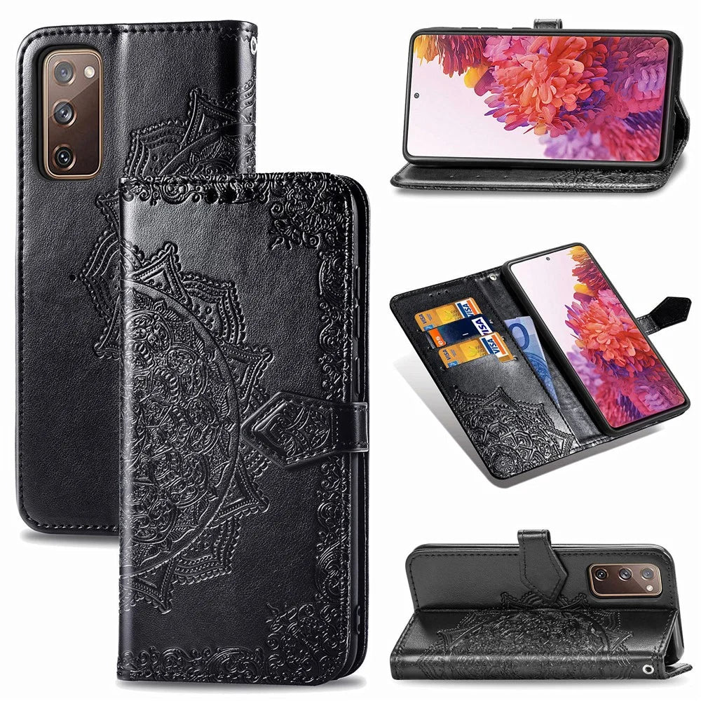 Embossed Mandala Flower Wallet Leather Shell for Samsung Galaxy S20 FE 4G/FE 5G/S20 Lite/S20 FE 2022 - Black - 7
