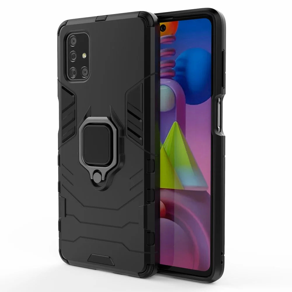 PC TPU Hybrid Case for Samsung Galaxy M51 Cool Guard Ring Holder Kickstand Cover - Black - 1