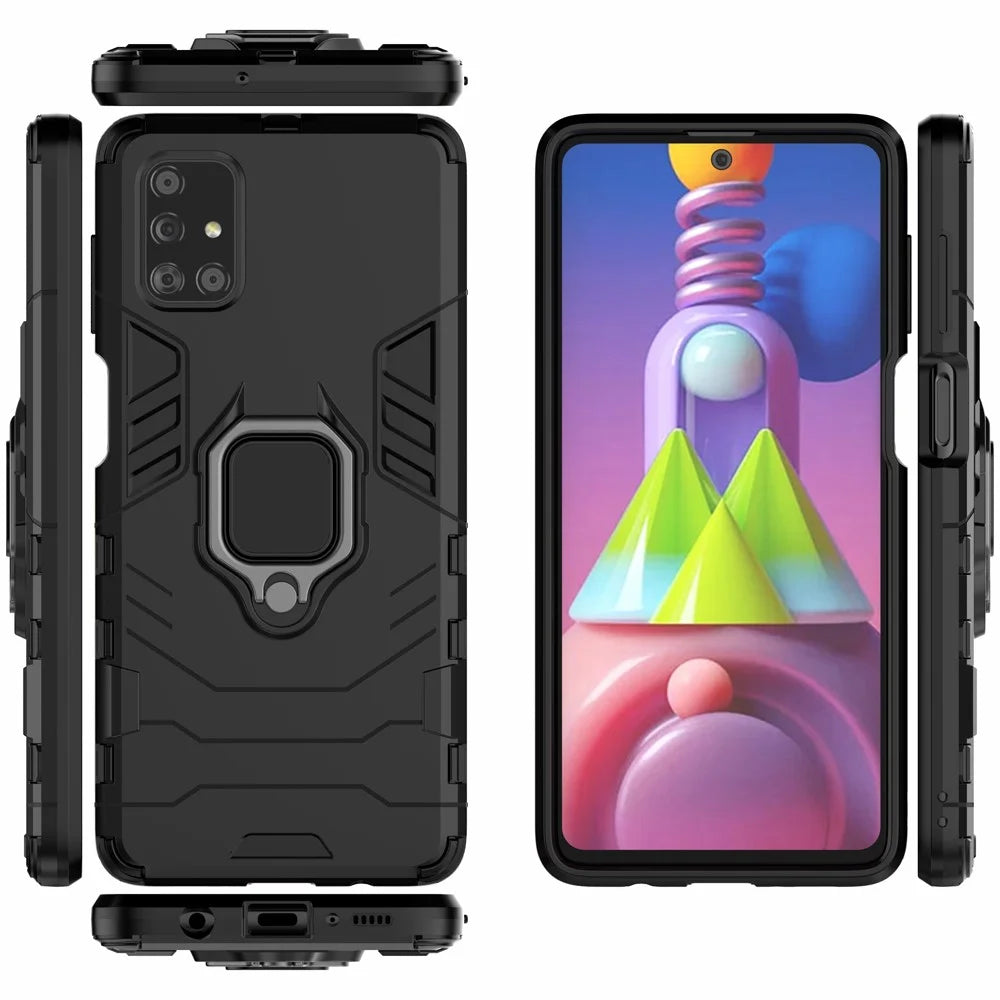 PC TPU Hybrid Case for Samsung Galaxy M51 Cool Guard Ring Holder Kickstand Cover - Black - 3