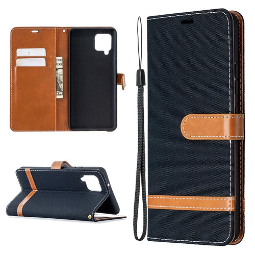 Assorted Color Jeans Cloth Leather Wallet Case for Samsung Galaxy A42 5G - Black - 1