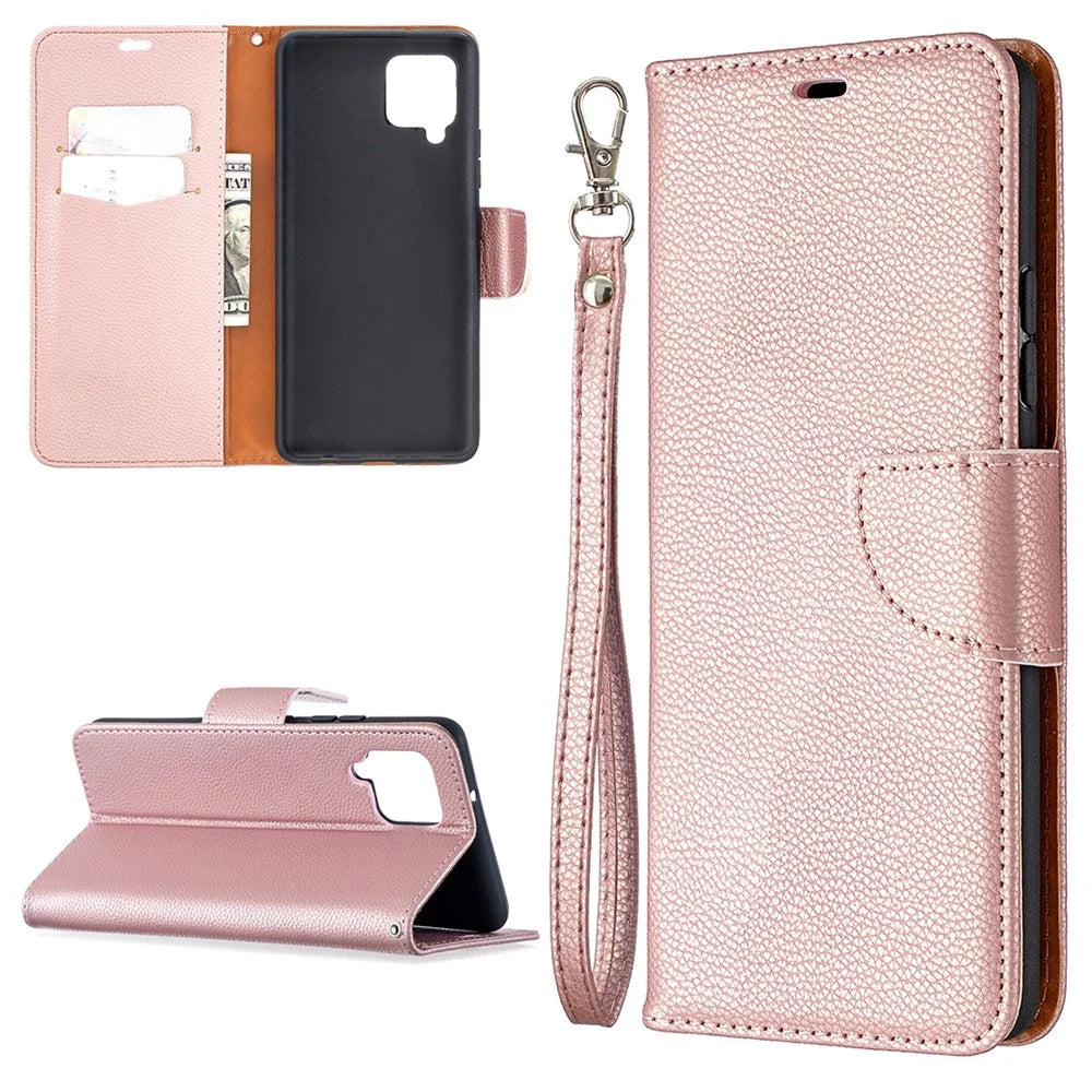 Plain Litchi Skin Stand Leather Wallet Phone Cover Shell for Samsung Galaxy A42 5G - Rose Gold - 1