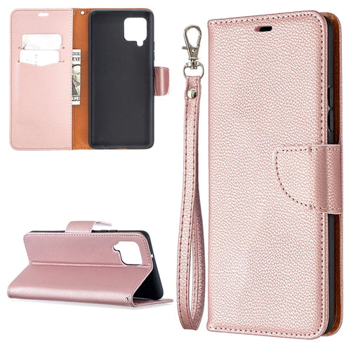 Plain Litchi Skin Stand Leather Wallet Phone Cover Shell for Samsung Galaxy A42 5G - Rose Gold - 1