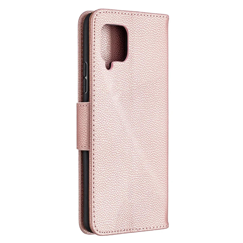 Plain Litchi Skin Stand Leather Wallet Phone Cover Shell for Samsung Galaxy A42 5G - Rose Gold - 3