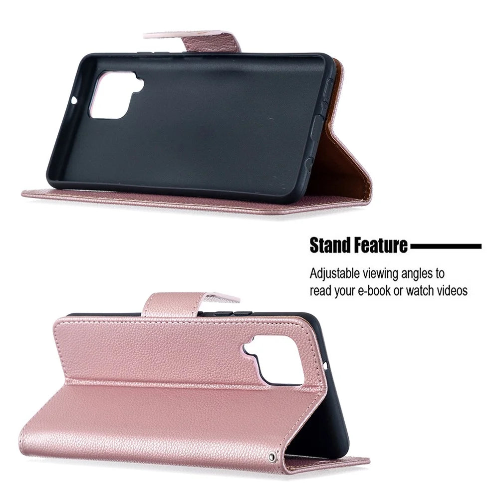 Plain Litchi Skin Stand Leather Wallet Phone Cover Shell for Samsung Galaxy A42 5G - Rose Gold - 5