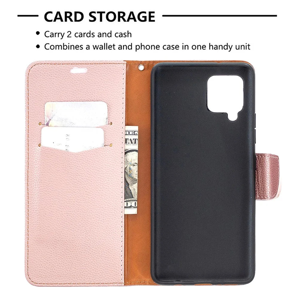 Plain Litchi Skin Stand Leather Wallet Phone Cover Shell for Samsung Galaxy A42 5G - Rose Gold - 6