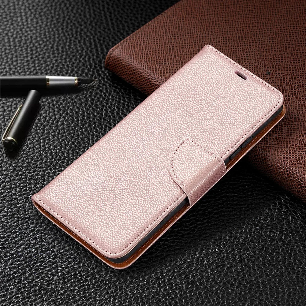 Plain Litchi Skin Stand Leather Wallet Phone Cover Shell for Samsung Galaxy A42 5G - Rose Gold - 7