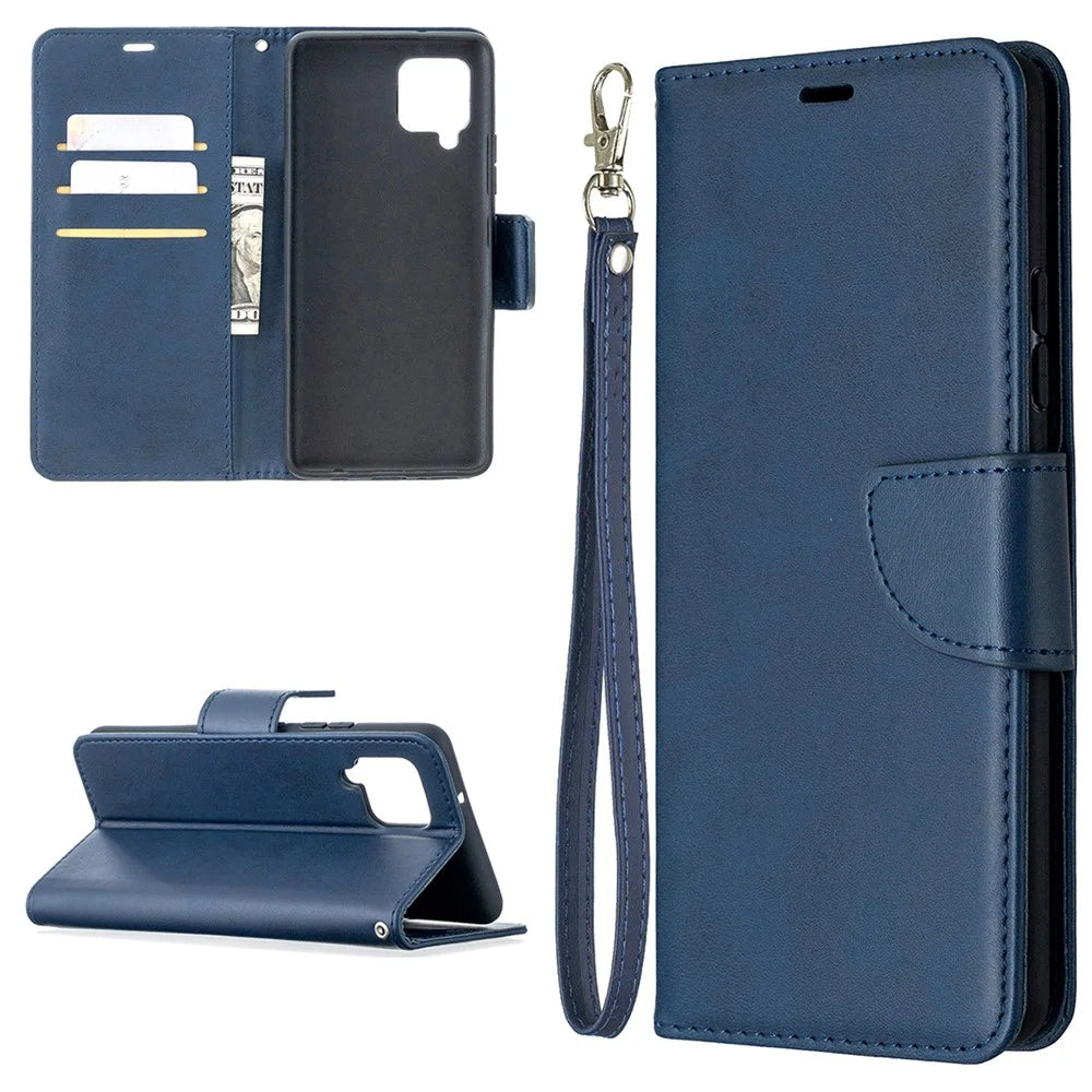 Plain PU Leather Wallet Phone Cover Shell for Samsung Galaxy A42 5G - Blue - 1