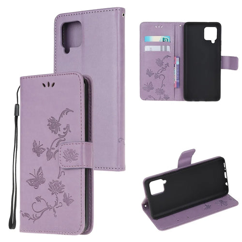 Imprint Butterfly Flowers Leather Shell Wallet Phone Case for Samsung Galaxy A42 5G - Light Purple - 1