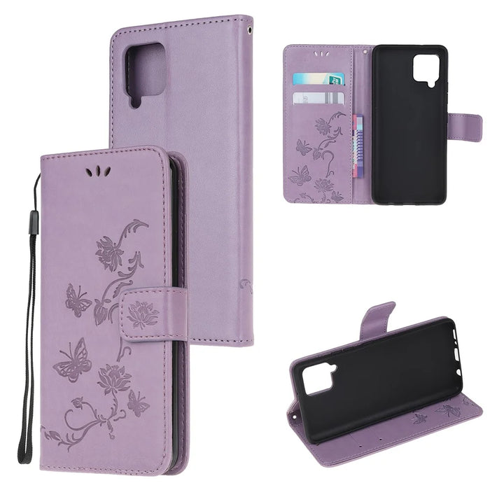 Imprint Butterfly Flowers Leather Shell Wallet Phone Case for Samsung Galaxy A42 5G - Light Purple - 1