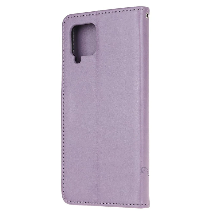 Imprint Butterfly Flowers Leather Shell Wallet Phone Case for Samsung Galaxy A42 5G - Light Purple - 3