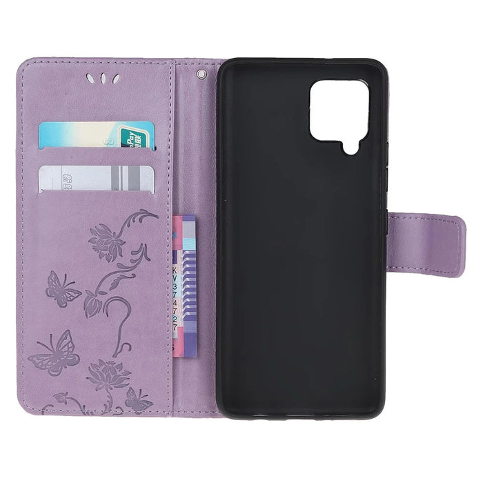 Imprint Butterfly Flowers Leather Shell Wallet Phone Case for Samsung Galaxy A42 5G - Light Purple - 5
