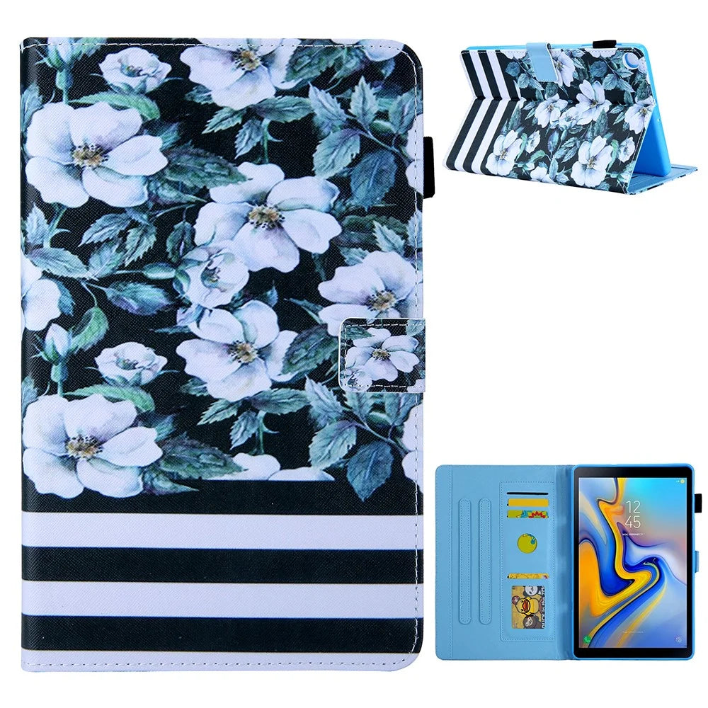 Patterned Stand Leather Protector Case for Samsung Galaxy Tab A7 10.4 (2020) / (2022) SM-T500 / T505 Shell - White Flower - 1