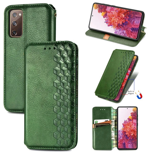 For Samsung Galaxy S20 FE / S20 FE 5G / S20 Lite / S20 FE 2022 PU Leather Case Rhombus Imprint Wallet Stand Phone Cover - Green - 1