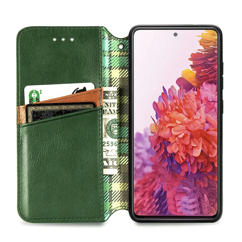 For Samsung Galaxy S20 FE / S20 FE 5G / S20 Lite / S20 FE 2022 PU Leather Case Rhombus Imprint Wallet Stand Phone Cover - Green - 5