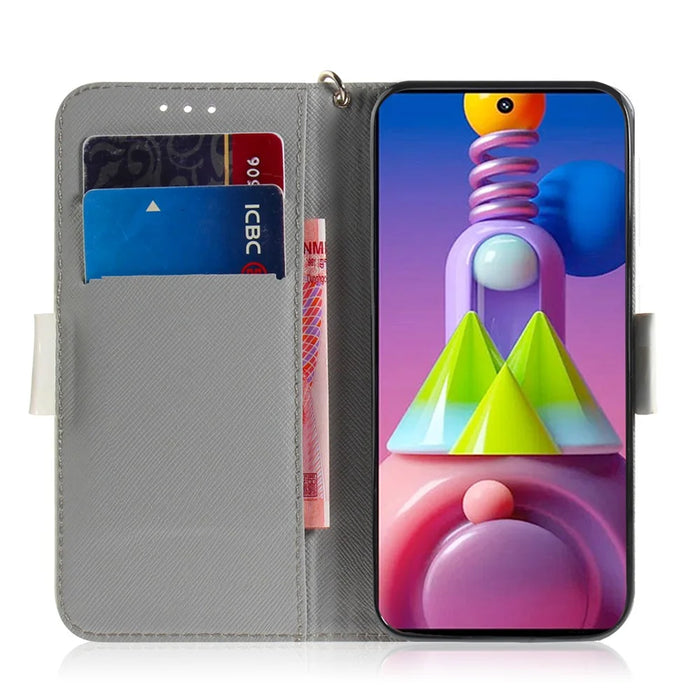 Light Spot Decor Pattern Printing Wallet Stand Leather Phone Case with Strap for Samsung Galaxy M51 - White Flowers - 6