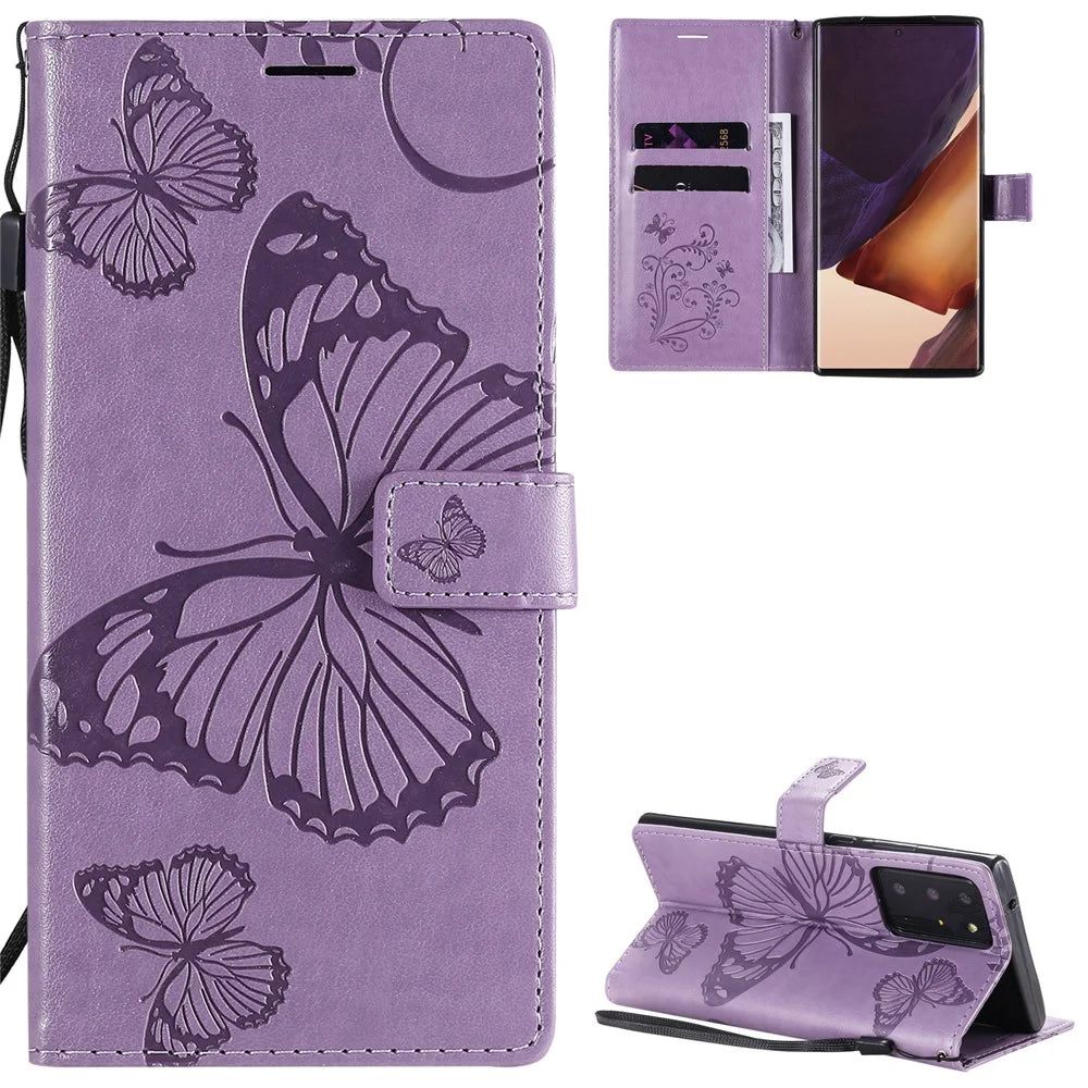 For Samsung Galaxy Note 20 Ultra / Note 20 Ultra 5G Wallet Case Floral Butterfly Imprinted Leather Phone Cover Stand - Purple - 1
