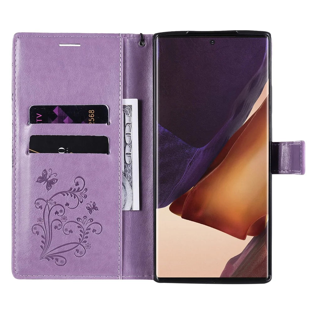 For Samsung Galaxy Note 20 Ultra / Note 20 Ultra 5G Wallet Case Floral Butterfly Imprinted Leather Phone Cover Stand - Purple - 5