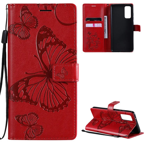 For Samsung Galaxy S20 FE / S20 FE 5G / S20 Lite / S20 FE 2022 Wallet Case Floral Butterfly Imprinted Leather Phone Cover Stand - Red - 1