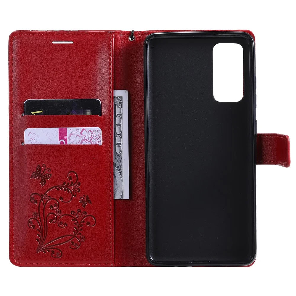 For Samsung Galaxy S20 FE / S20 FE 5G / S20 Lite / S20 FE 2022 Wallet Case Floral Butterfly Imprinted Leather Phone Cover Stand - Red - 3
