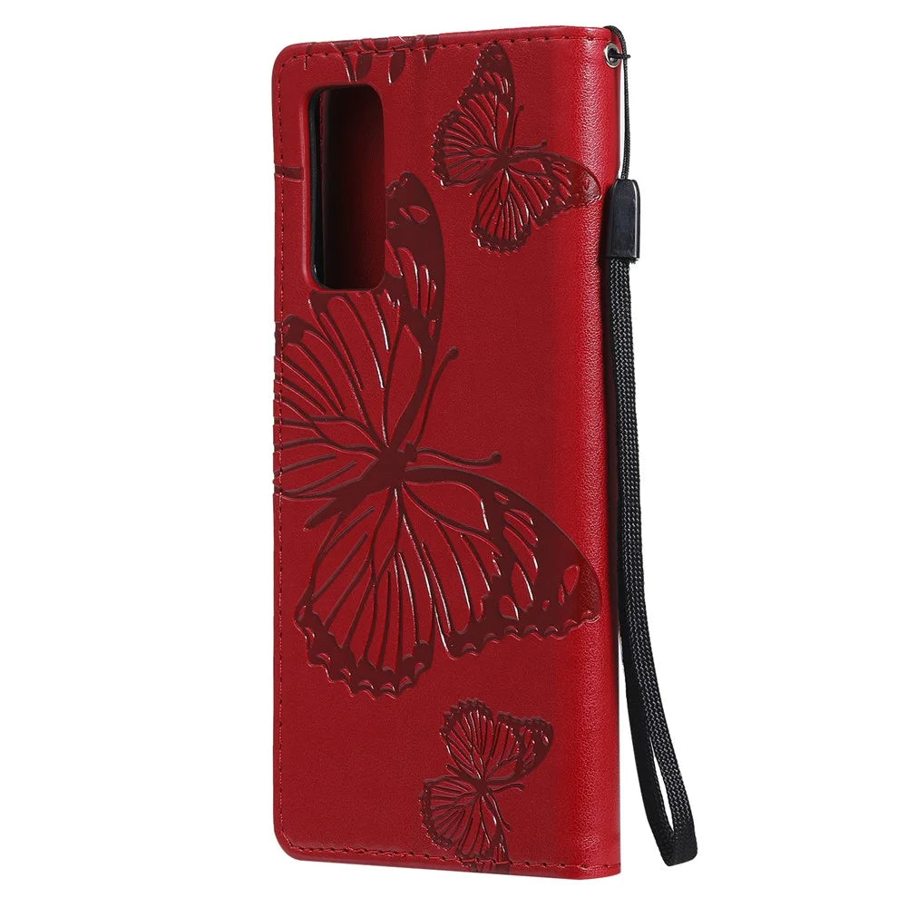 For Samsung Galaxy S20 FE / S20 FE 5G / S20 Lite / S20 FE 2022 Wallet Case Floral Butterfly Imprinted Leather Phone Cover Stand - Red - 5