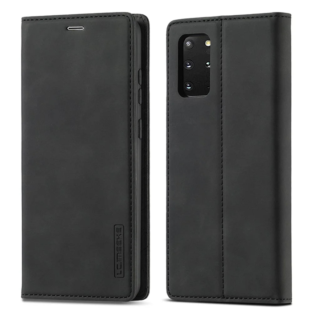 LC.IMEEKE Auto-Absorbed Leather Wallet Stand Phone Protective Shell with Wallet Stand for Samsung Galaxy S20 Plus/S20 Plus 5G - Black - 3