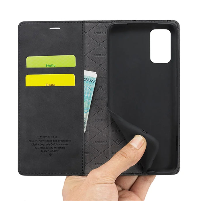 LC.IMEEKE Auto-Absorbed Leather Wallet Stand Phone Protective Shell with Wallet Stand for Samsung Galaxy S20 Plus/S20 Plus 5G - Black - 6