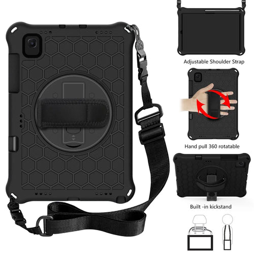 Honeycomb Texture 360 Degree Swivel Kickstand Tablet Cover Case with Shoulder Strap for Samsung Galaxy Tab S6 Lite P610/P615/S6 Lite (2022) - Black/Black - 1