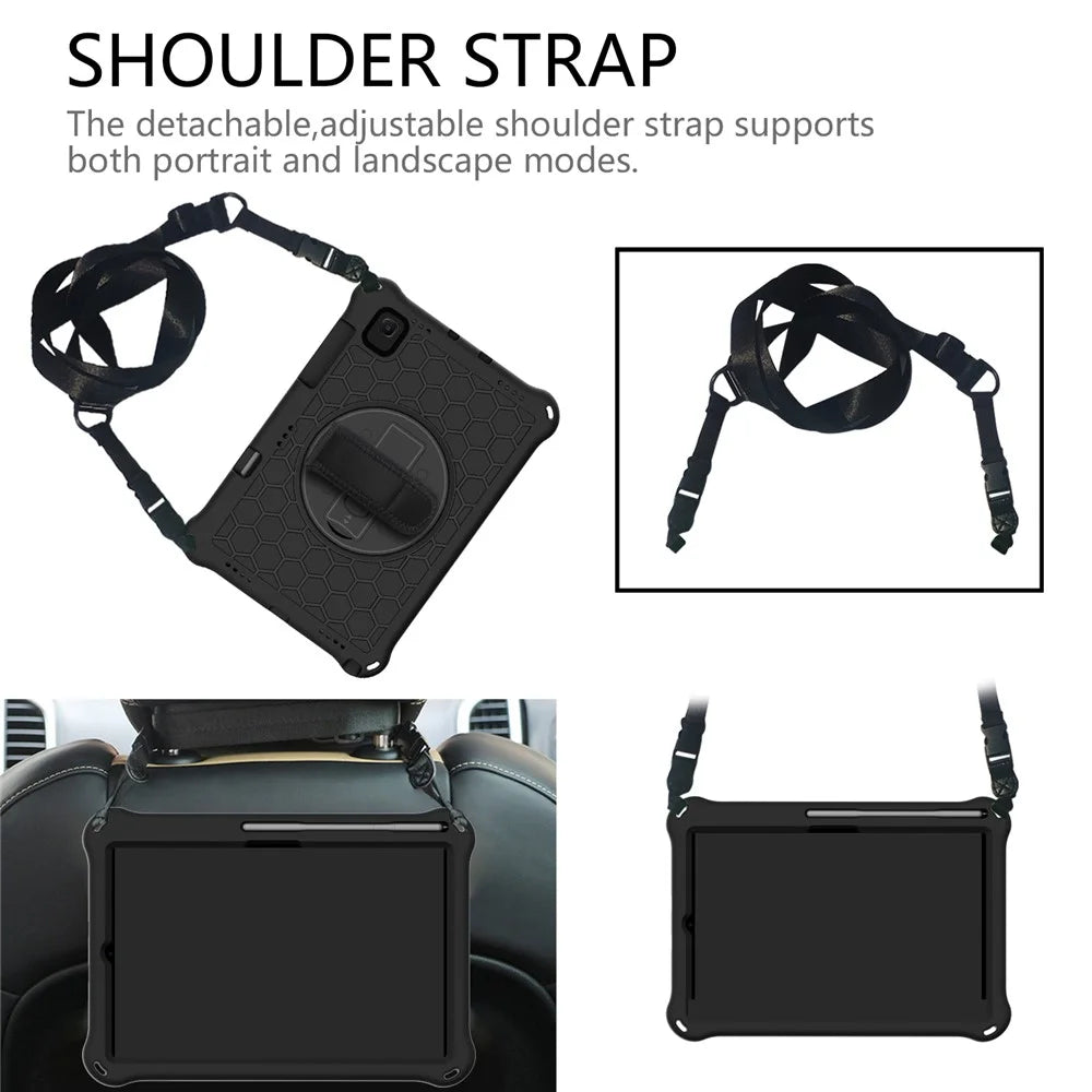 Honeycomb Texture 360 Degree Swivel Kickstand Tablet Cover Case with Shoulder Strap for Samsung Galaxy Tab S6 Lite P610/P615/S6 Lite (2022) - Black/Black - 2
