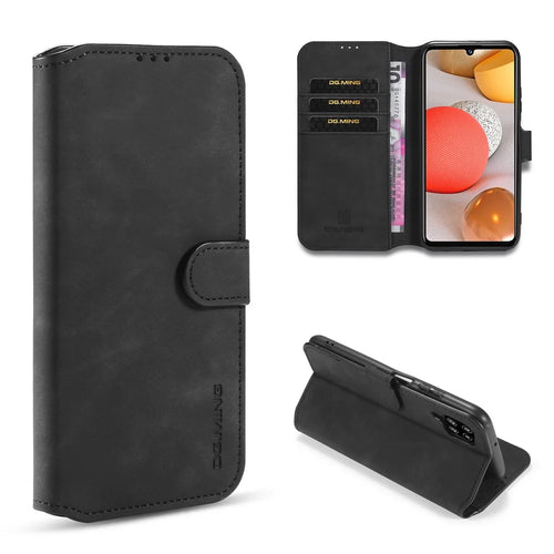 DG.MING Retro Style Leather Wallet Stand Phone Cover for Samsung Galaxy A42 5G - Black - 1