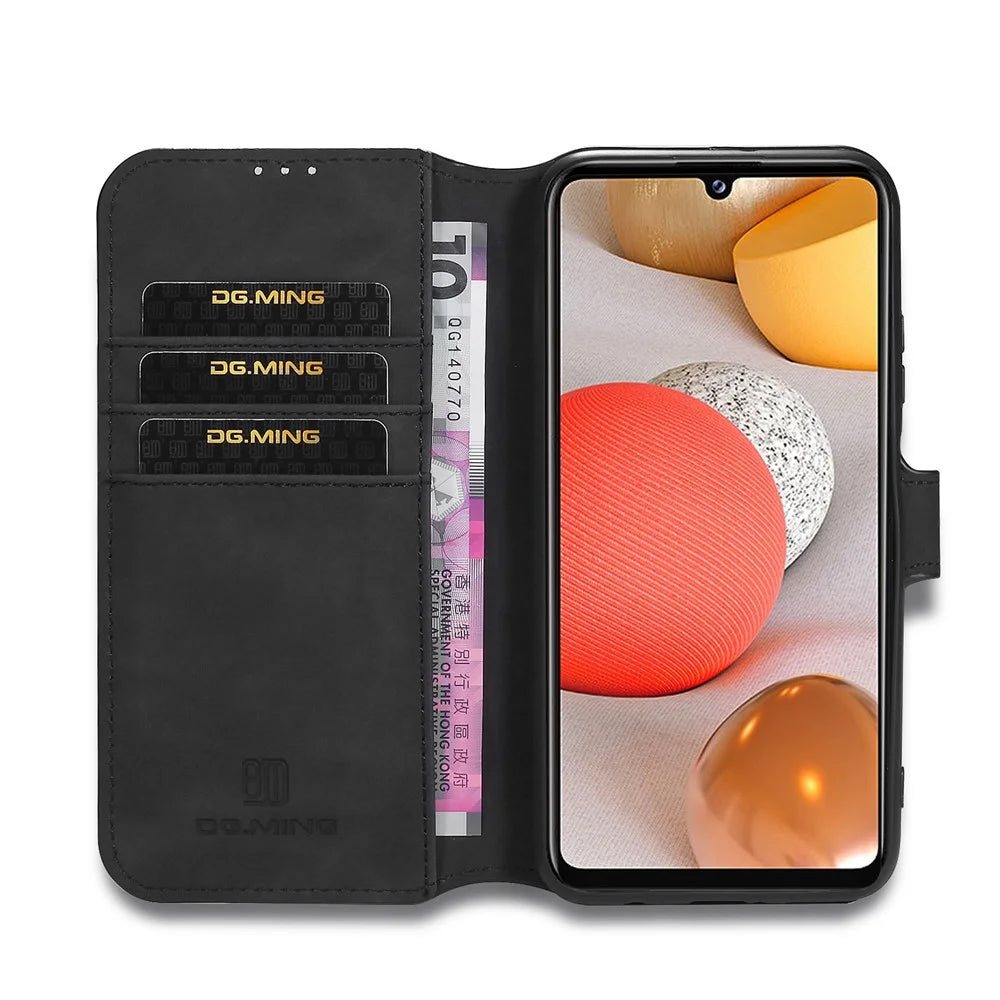 DG.MING Retro Style Leather Wallet Stand Phone Cover for Samsung Galaxy A42 5G - Black - 5