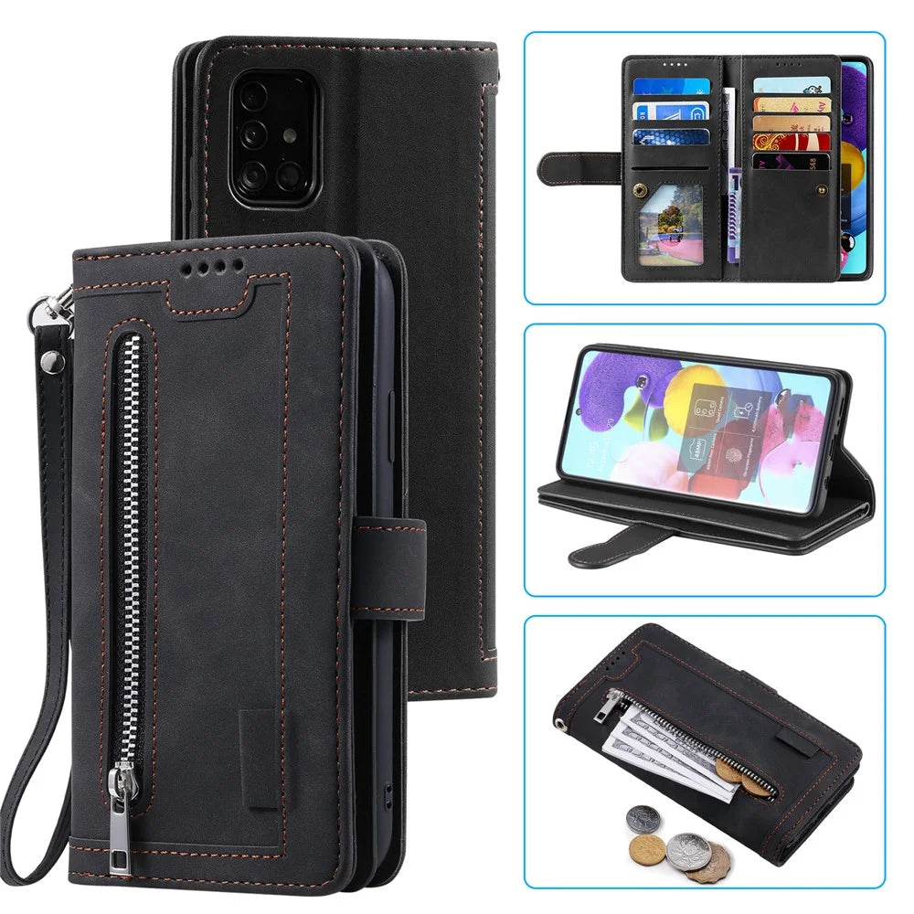 Zipper Pocket 9 Card Slots Leather Wallet Case for Samsung Galaxy S20 FE/S20 FE 5G/S20 Lite/S20 FE 2022 - Black - 1