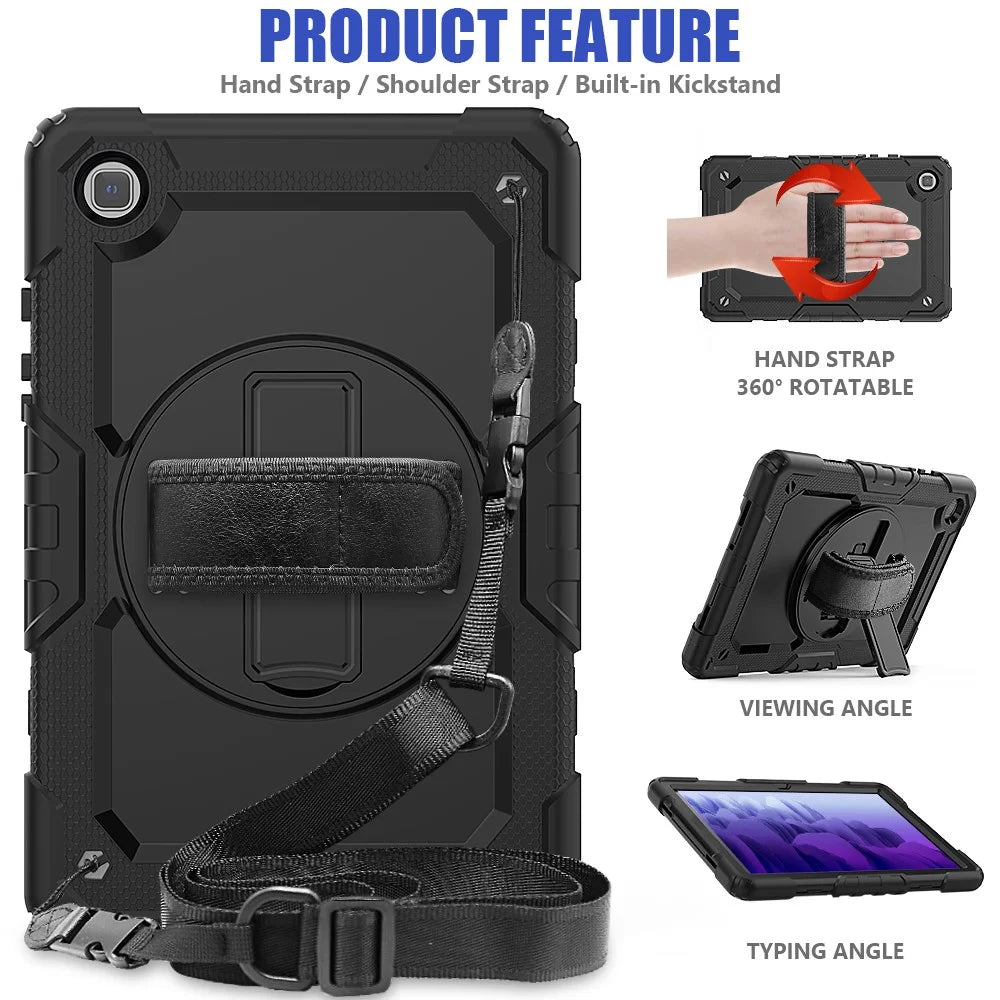 For Samsung Galaxy Tab A7 10.4 (2020) / (2022) 360 Degree Swivel Kickstand Tablet Cover with Shoulder Strap - Black / Black - 4