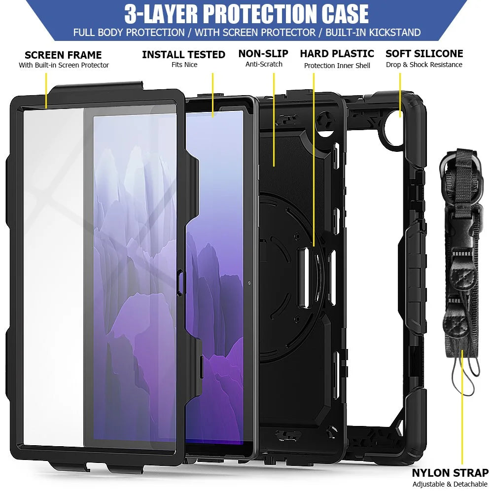 For Samsung Galaxy Tab A7 10.4 (2020) / (2022) 360 Degree Swivel Kickstand Tablet Cover with Shoulder Strap - Black / Black - 6