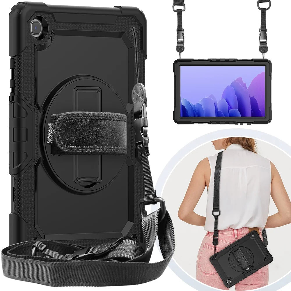 For Samsung Galaxy Tab A7 10.4 (2020) / (2022) 360 Degree Swivel Kickstand Tablet Cover with Shoulder Strap - Black / Black - 7