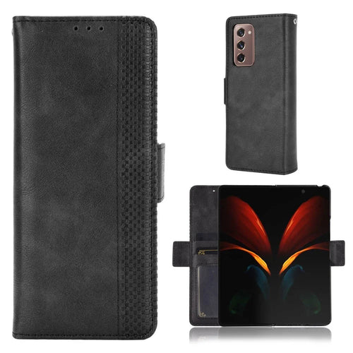 Side Magnetic Buckle Vintage Style Wallet Leather Stand Phone Cover Case for Samsung Galaxy Z Fold2 5G - Black - 1