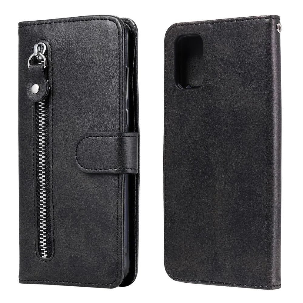 Zipper Pocket Leather Wallet Stand Case for Samsung Galaxy S20 FE 4G/5G/2022/S20 Lite - Black - 1